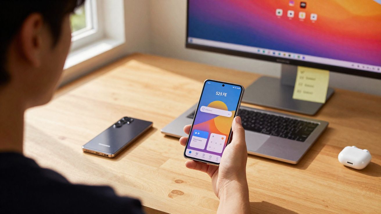 Persona sosteniendo un móvil Samsung frente a un portátil abierto en un escritorio de madera junto a unos auriculares.
