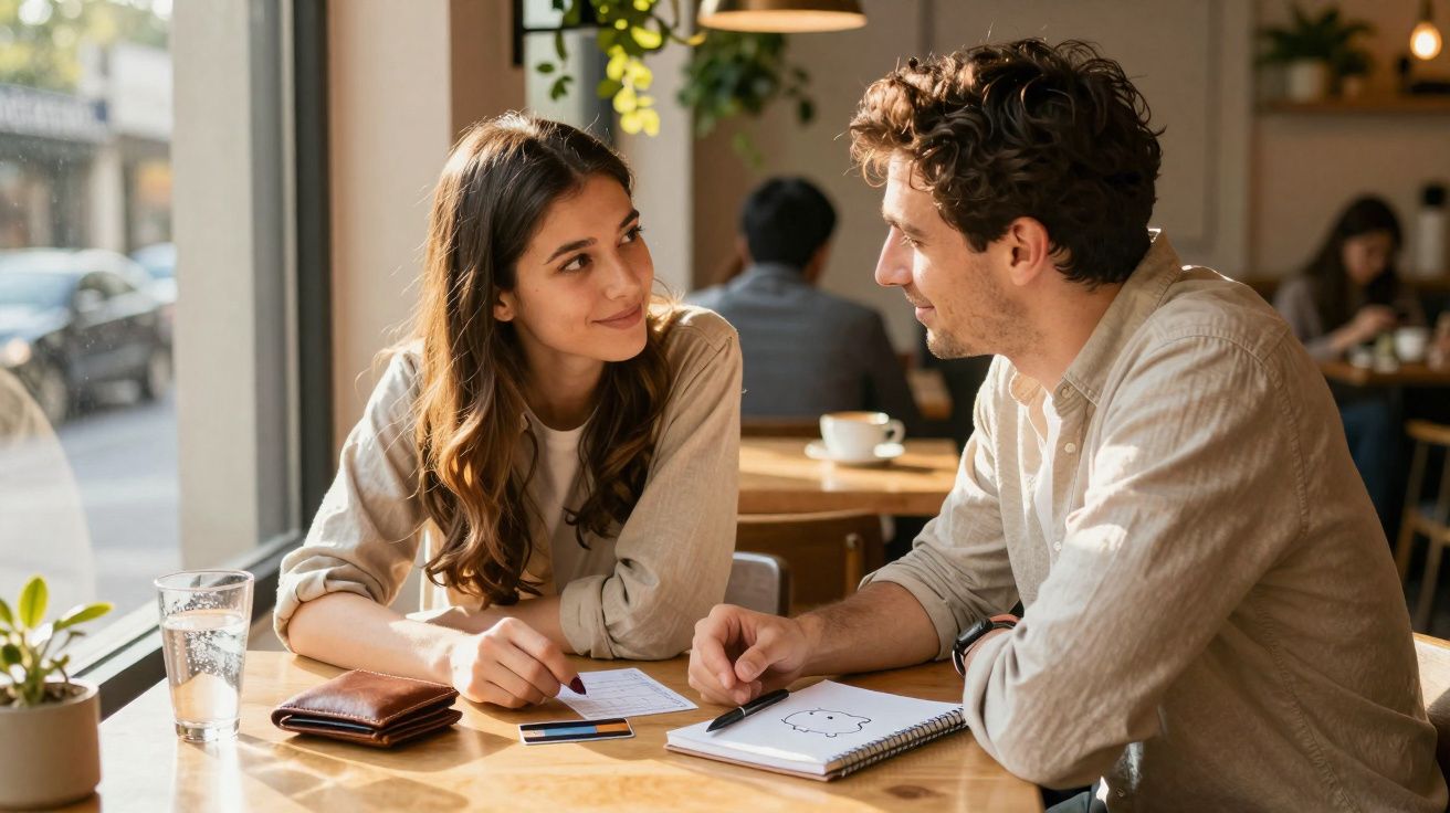Pareja joven conversando y tomando notas en una cafetería junto a una ventana grande.