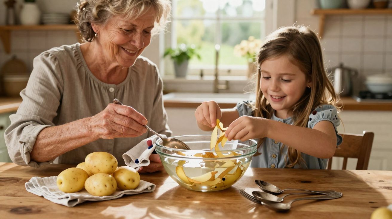 Abuela y nieta pelando patatas juntas en la cocina con un bol y varias piezas sobre la mesa.