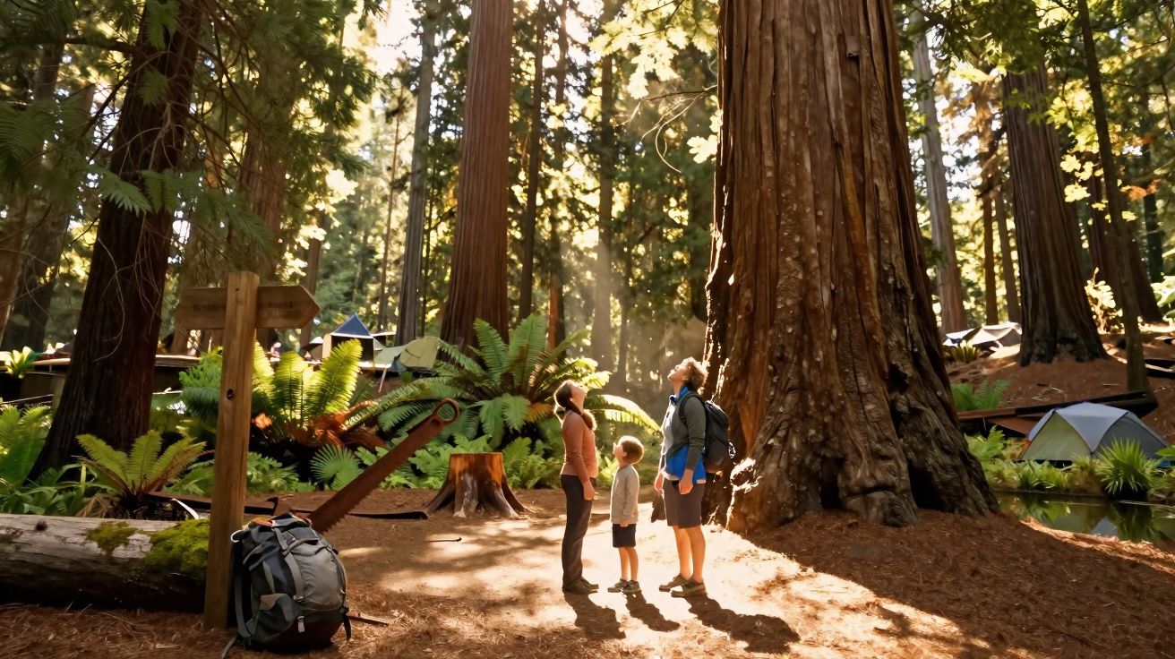 Familia con dos niños observando árboles gigantes en un bosque soleado con tiendas de campaña alrededor.