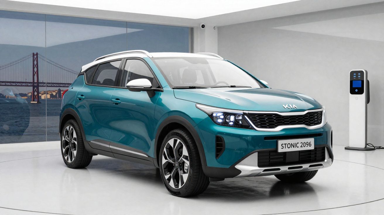 Coche eléctrico Kia Stonic azul en exposición, con estación de carga y puente al fondo.