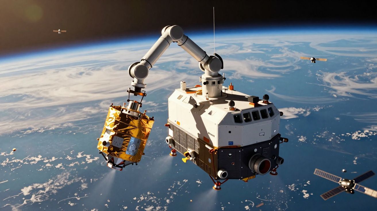Satélite o módulo espacial con brazo robótico orbitando sobre la Tierra con otros satélites cercanos.