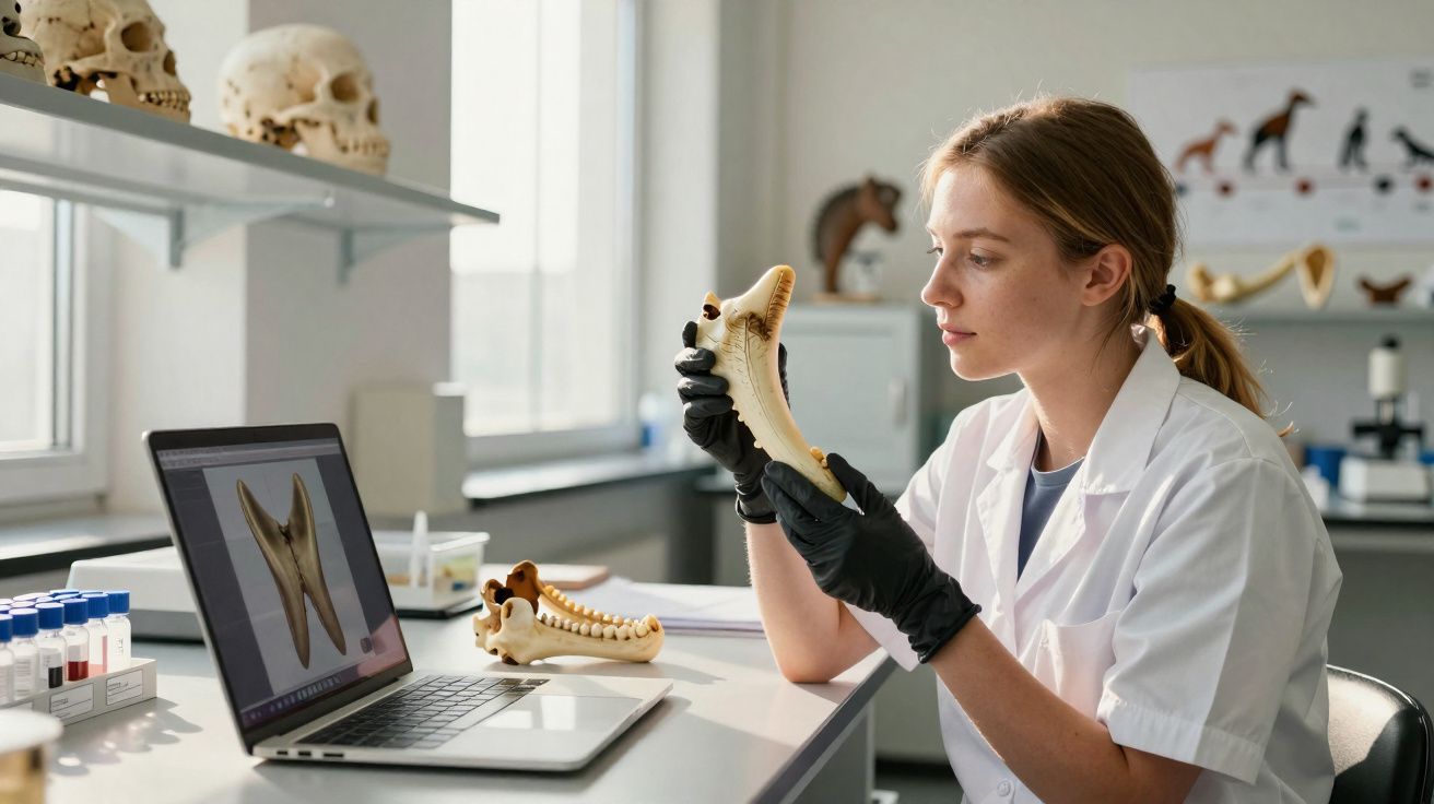 Investigadora con guantes negros examina mandíbula animal junto a portátil y cráneos en laboratorio.