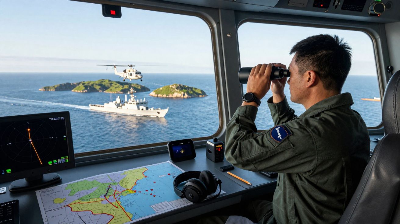 Militar observa con prismáticos desde un barco a un helicóptero y un buque cerca de una isla en el mar.
