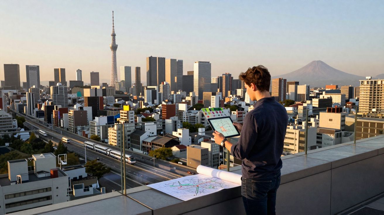 Hombre mirando planos en una terraza con la ciudad y el monte Fuji al fondo al atardecer.