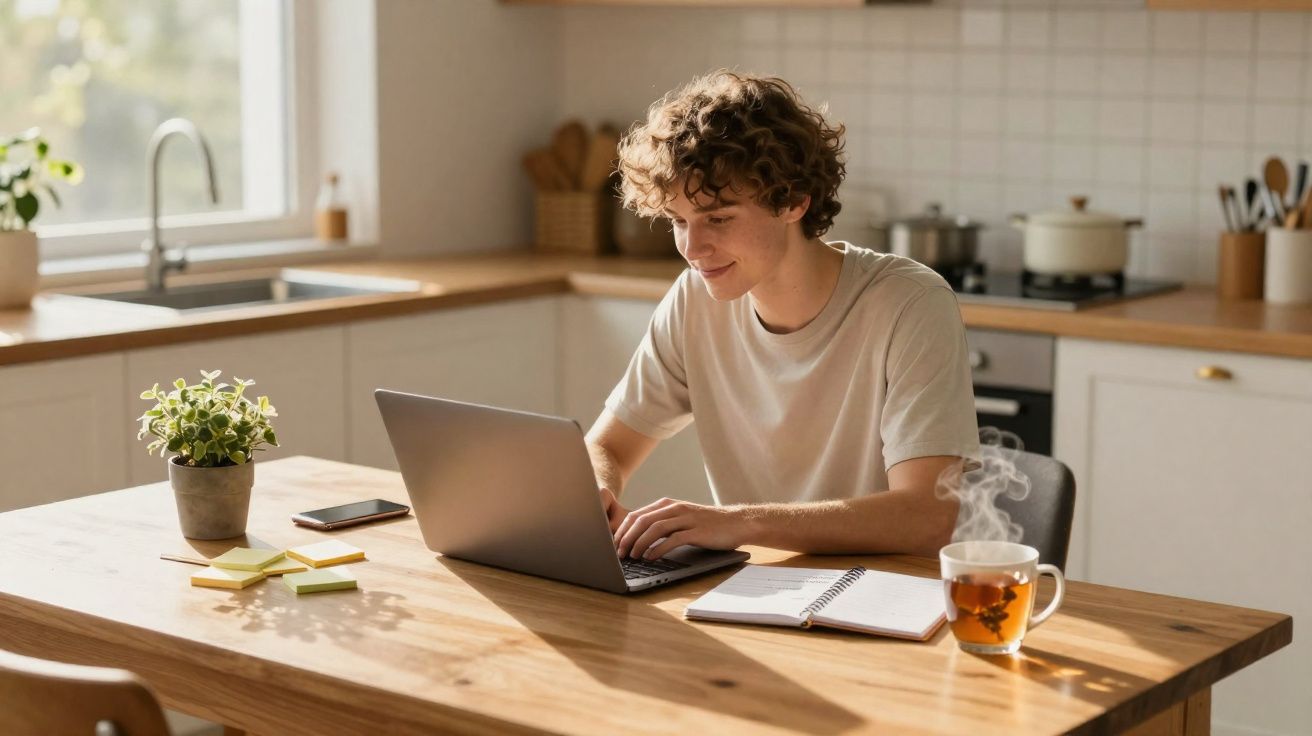 Joven trabajando con ordenador portátil en cocina luminosa, con taza de té humeante y cuaderno sobre mesa de madera.
