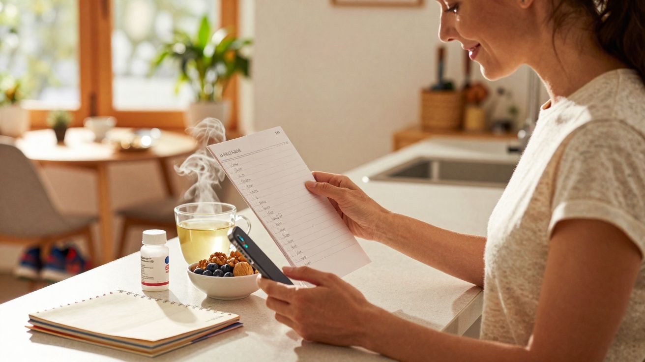 Mujer sonriendo con lista de tareas y móvil en mano en cocina, con infusión, medicamentos y frutos secos sobre encimera.