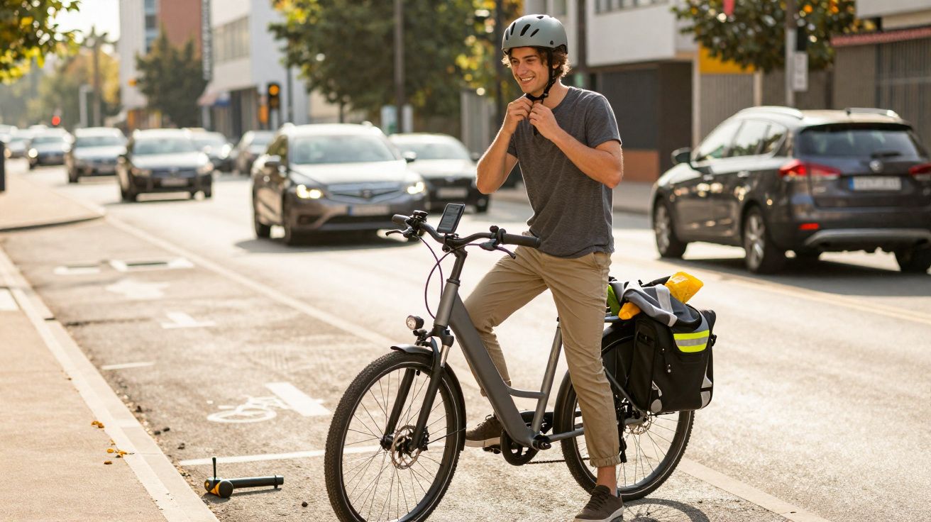 Joven con casco ajustándose la correa mientras está de pie junto a su bicicleta eléctrica en un carril bici urbano.