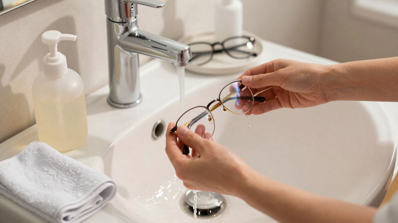 Manos lavando unas gafas bajo el grifo de un lavabo con jabón y toalla al lado.