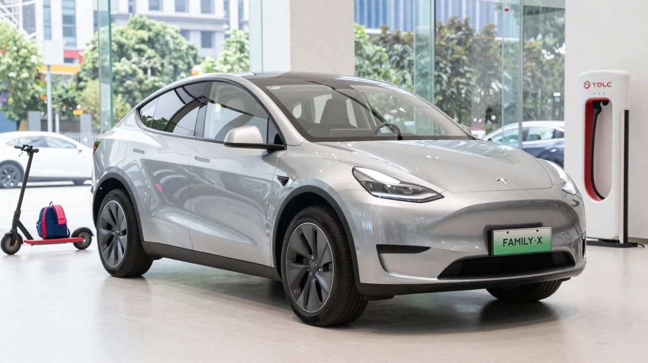 Coche eléctrico Tesla modelo Family X de color gris, cargándose en estación de carga en interior moderno.