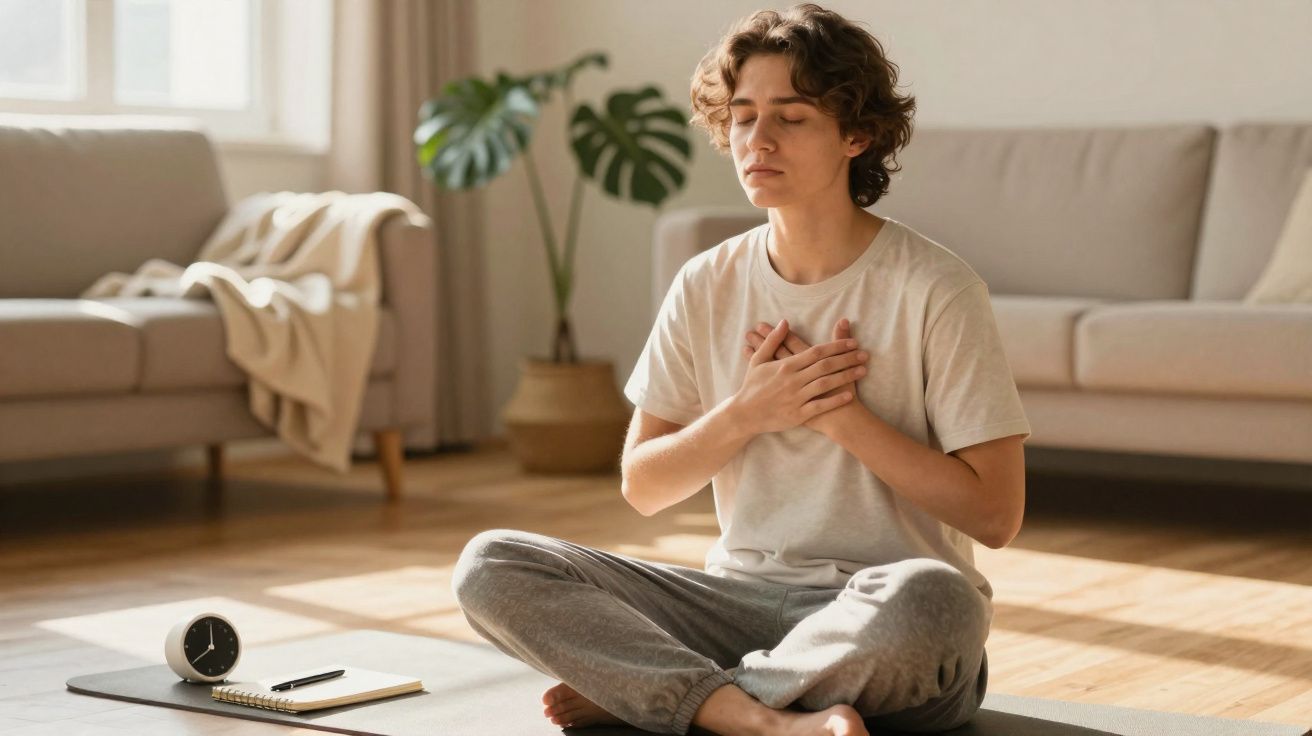 Persona sentada en posición de loto con ojos cerrados meditando en una sala iluminada y relajada.