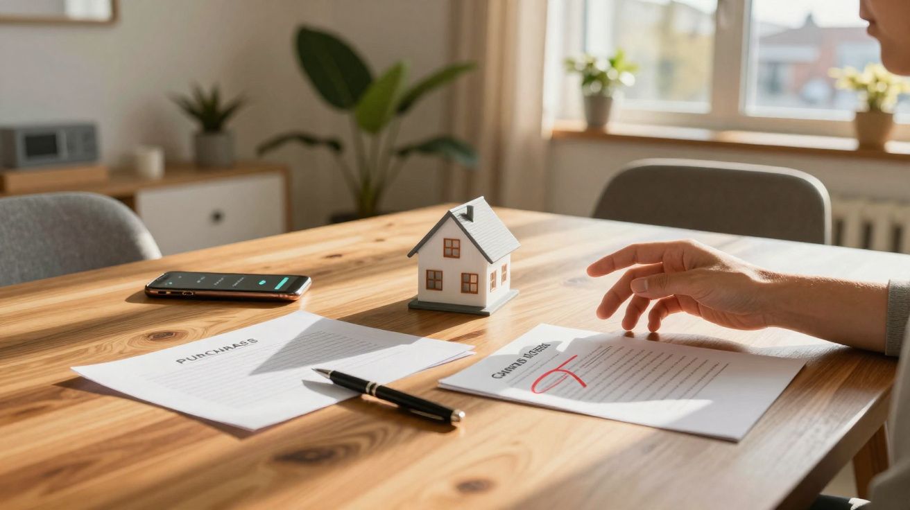 Mano junto a documentos de compra y venta, modelo de casa y móvil sobre mesa de madera en oficina luminosa.