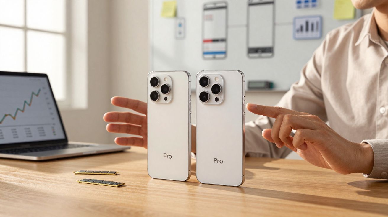 Manos señalando dos teléfonos móviles blancos modelo Pro sobre una mesa con portátil y chips.