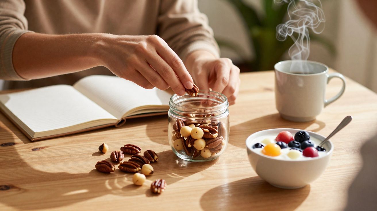 Manos tomando frutos secos de un frasco con yogur, café y libreta sobre mesa de madera.