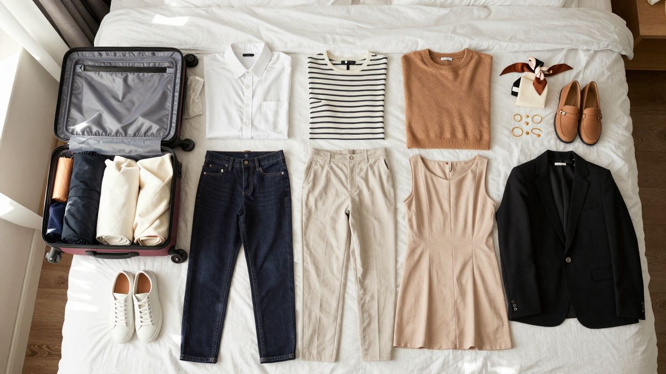 Maleta abierta con ropa y accesorios organizados sobre una cama, incluyendo ropa casual y formal.