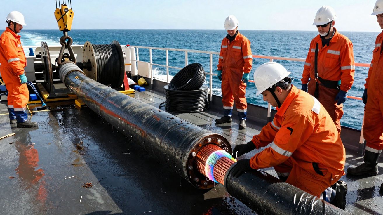Técnicos en equipo de seguridad inspeccionan cable submarino en cubierta de barco en el mar.