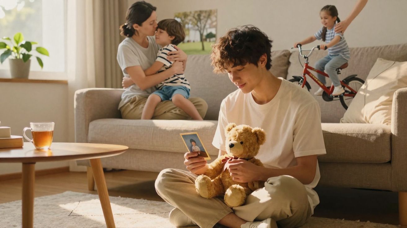 Joven sentado en el suelo con osito de peluche y foto, madre abrazando niño y niña montando bici dentro de casa.