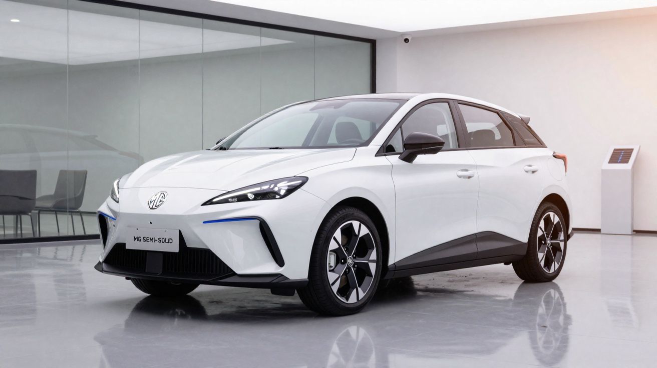Coche eléctrico blanco MG estacionado en sala moderna con suelo y paredes reflectantes.