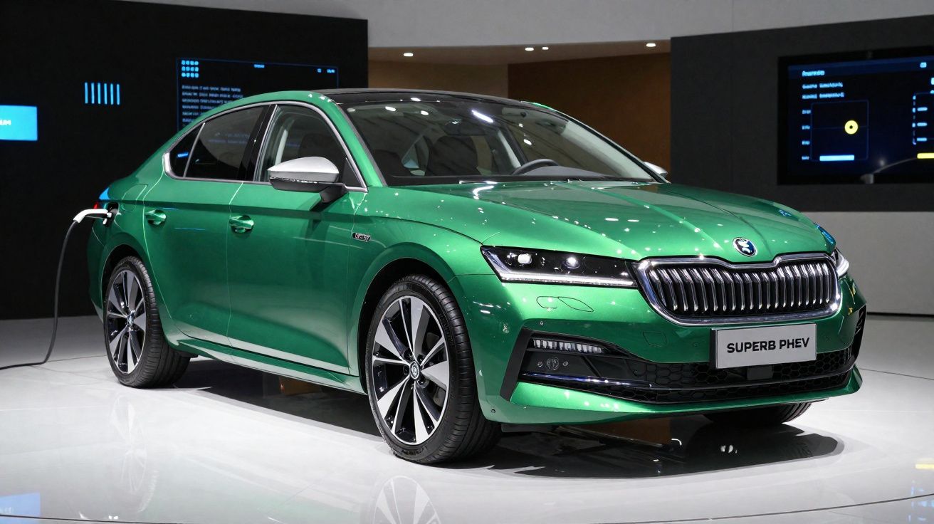 Coche eléctrico verde modelo Superb PHEV cargando en exposición en interior moderno.