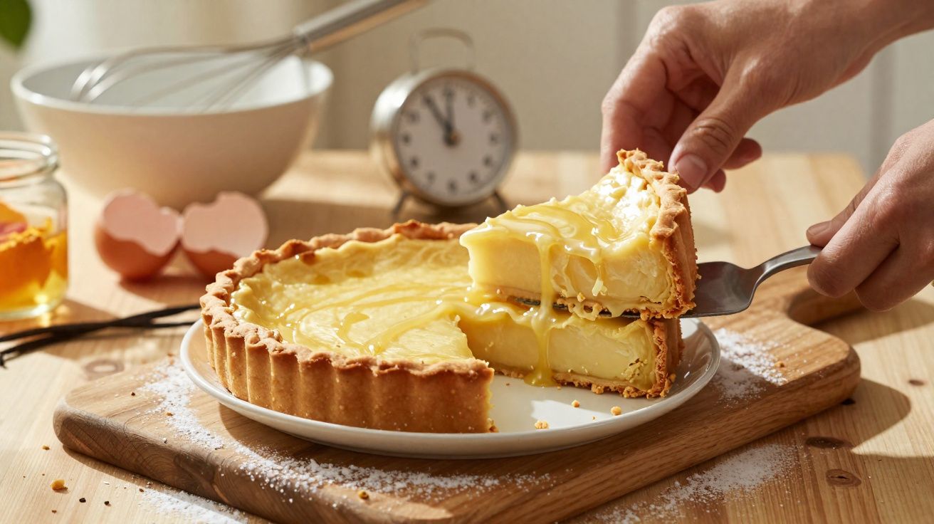 Tarta de limón casera con corte grueso y textura cremosa servida sobre tabla de madera en cocina.