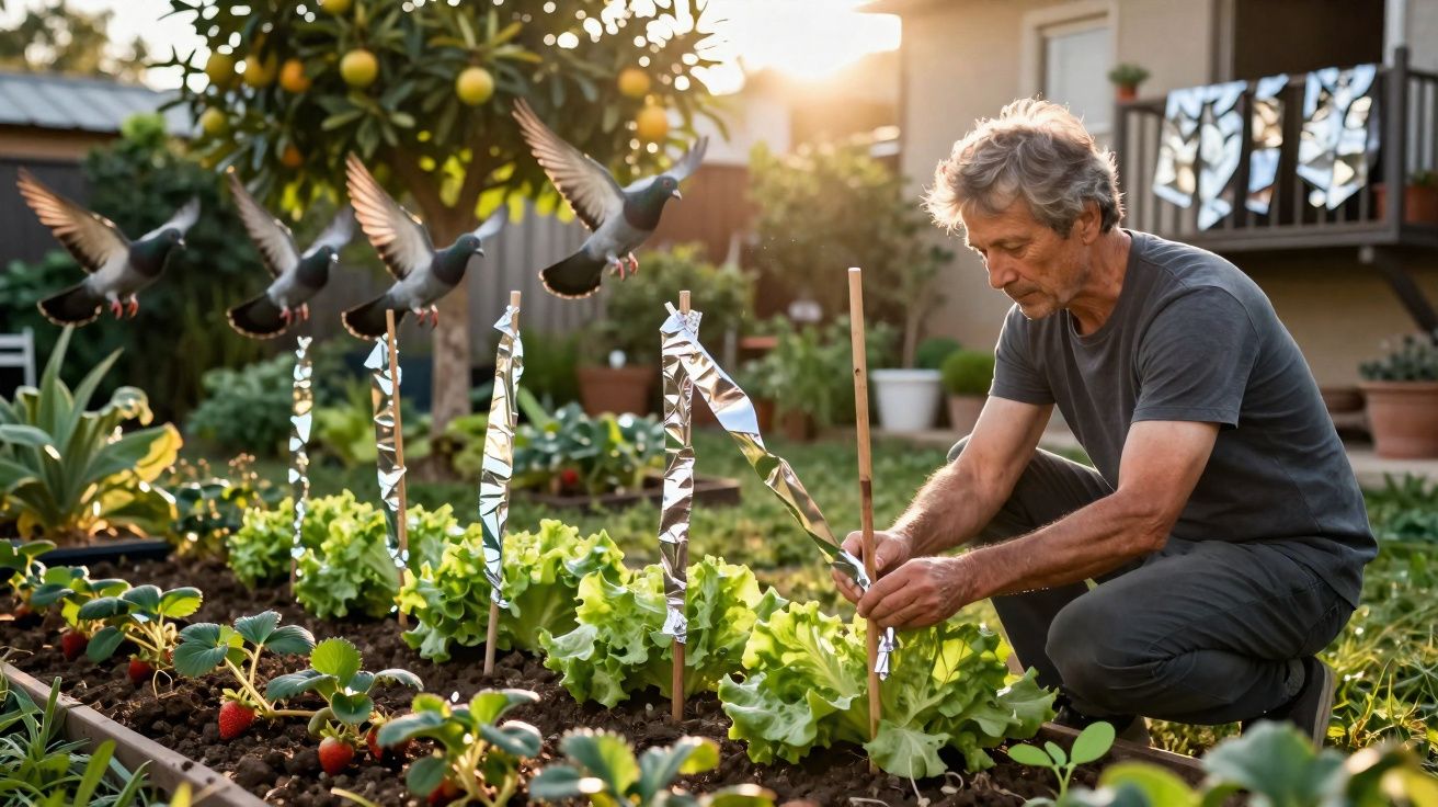 Hombre mayor cuidando plantas en huerto urbano con palomas volando y sol de atardecer de fondo.