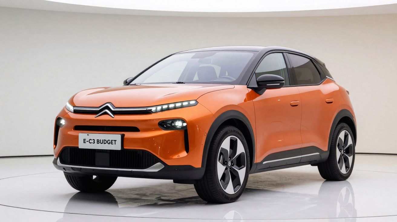 Coche eléctrico Citroën E-C3 Budget naranja en estudio con fondo neutro, vista frontal lateral derecha.