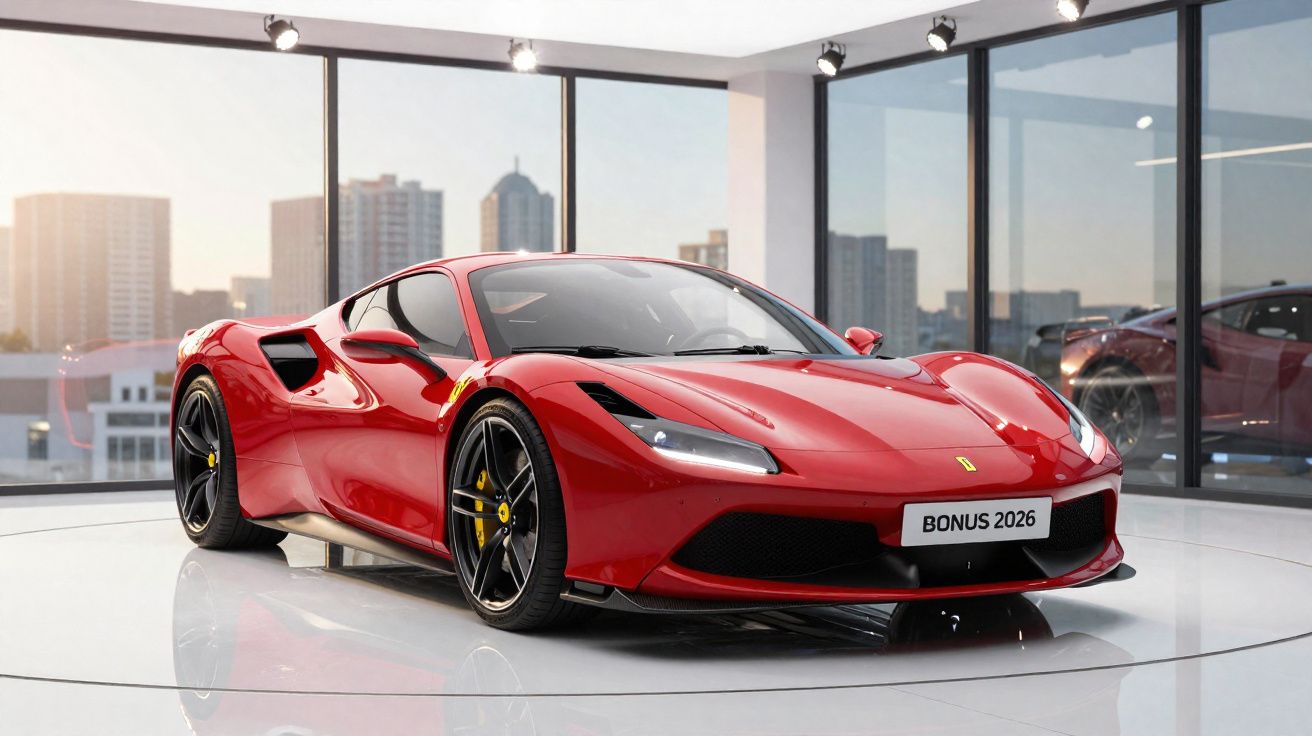 Coche deportivo rojo Ferrari modelo 2026 en exposición con grandes ventanales y reflejos en el suelo.