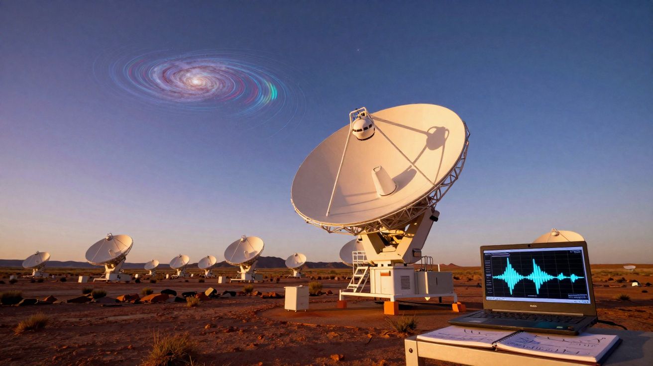 Antenas parabólicas en un desierto con portátil mostrando ondas sonoras y galaxia en el cielo al atardecer.