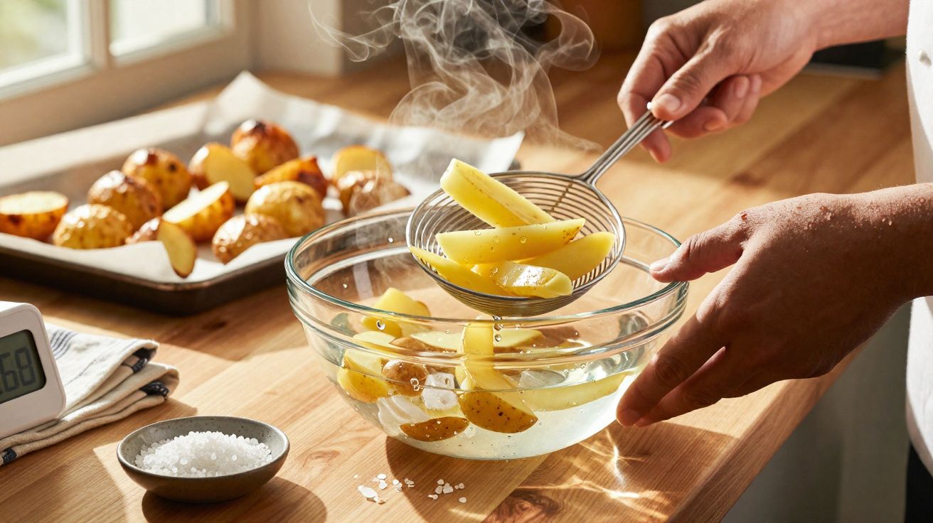Manos sacando patatas calientes con una espumadera de un bol con agua en una cocina luminosa.