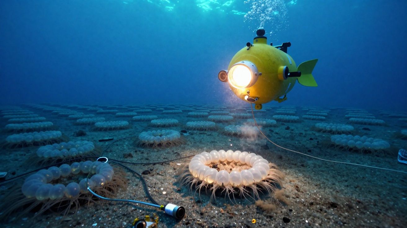 Submarino amarillo iluminando anémonas marinas en el fondo oceánico.