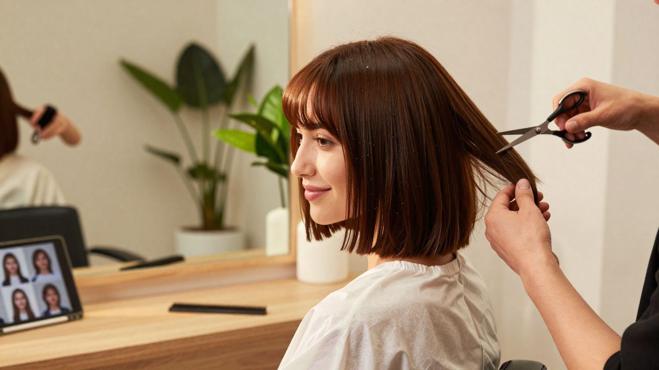 Mujer con cabello castaño recibiendo corte de pelo en salón de belleza con espejo y planta al fondo.