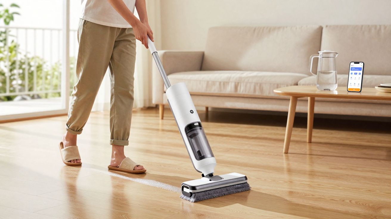 Persona limpiando el suelo de madera con aspiradora eléctrica en una sala con sofá y mesa de centro.