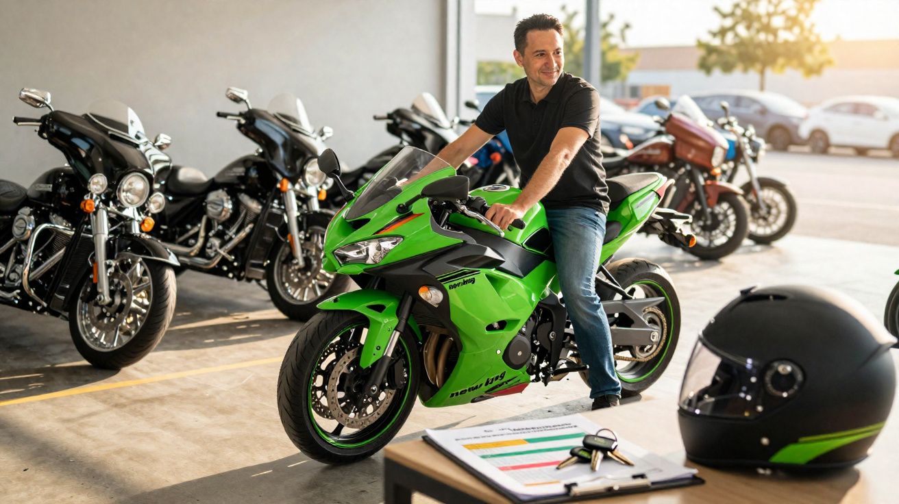 Hombre sonriente sentado en motocicleta deportiva verde dentro de un concesionario con casco y llaves sobre mesa cercana.