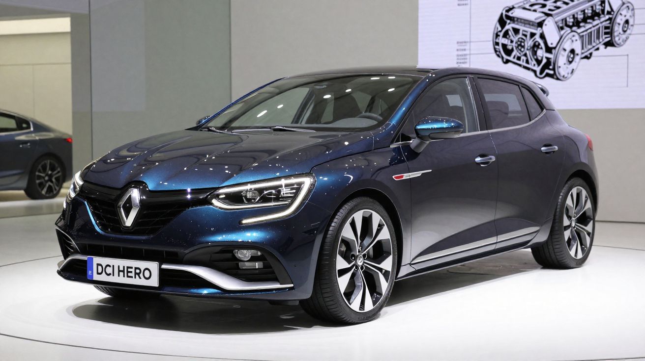 Coche Renault azul metalizado modelo compacto presentado en un salón del automóvil.