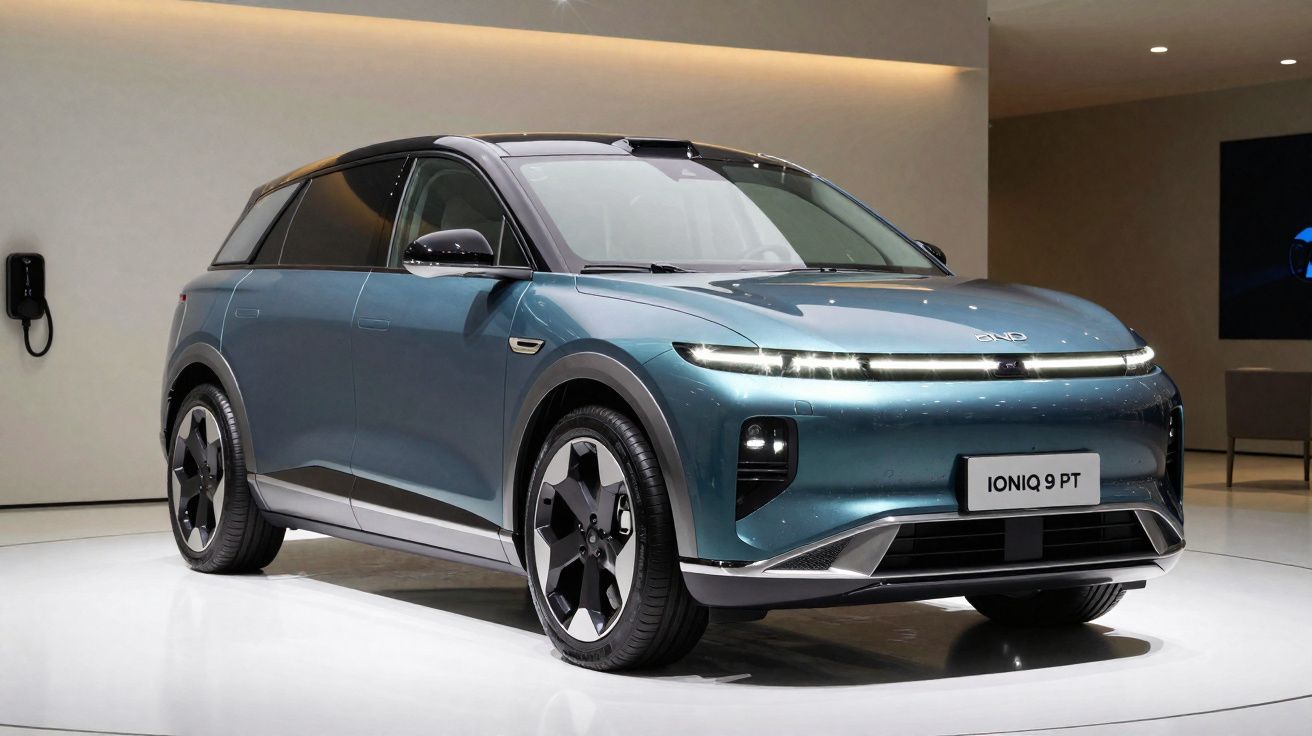 Coche eléctrico azul QID IONIQ 9 PT, diseño moderno y elegante, luces LED delgadas, en sala de exposición.
