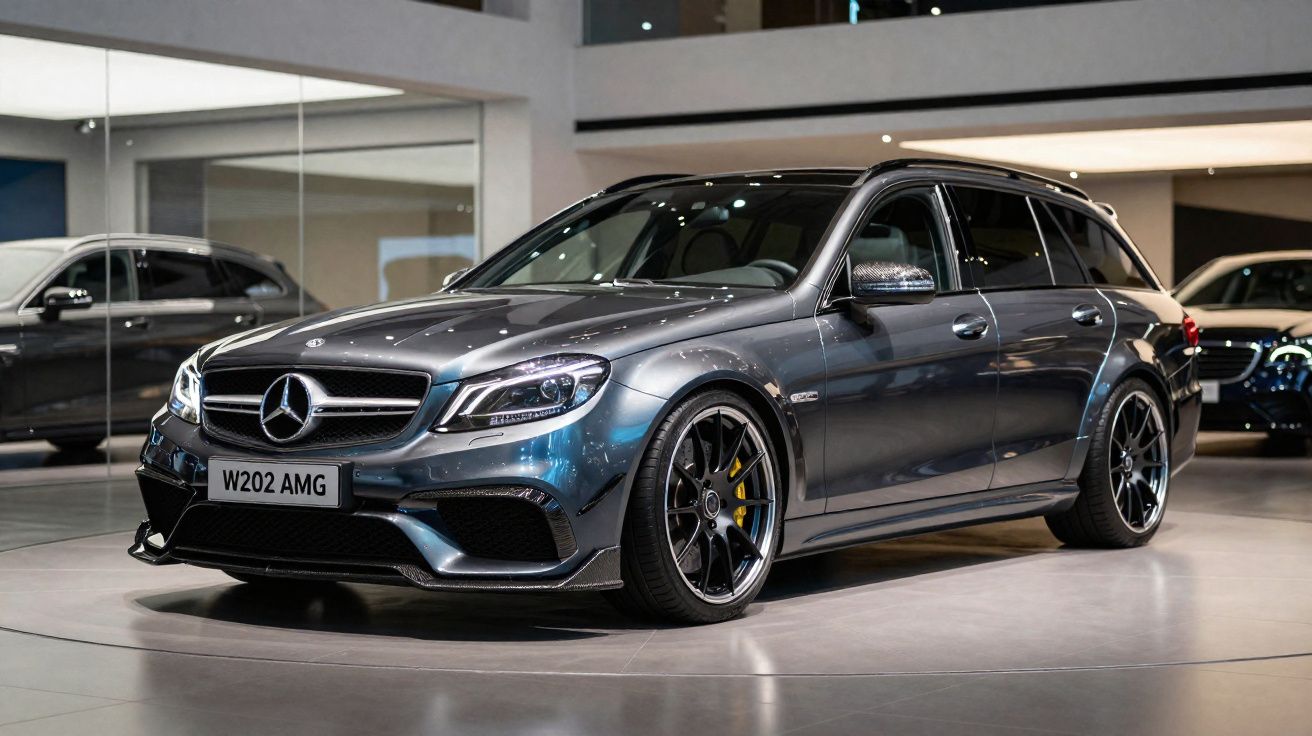 Coche Mercedes-Benz AMG W202 gris metalizado estacionado en interior con diseño deportivo y llantas negras.