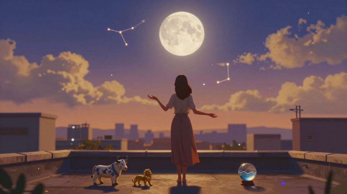 Mujer en azotea bajo luna llena, con constelaciones y figuras de vaca y león a su lado.