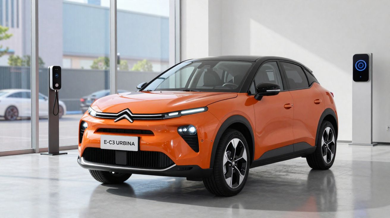 Coche eléctrico Citroën E-C3 Urbina naranja estacionado en interior con dos puntos de carga.