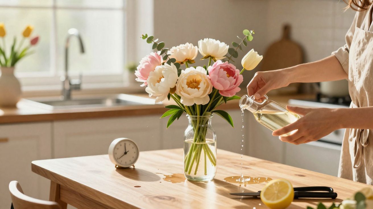 Persona echando agua en jarrón con flores sobre mesa de madera en cocina luminosa y ordenada.