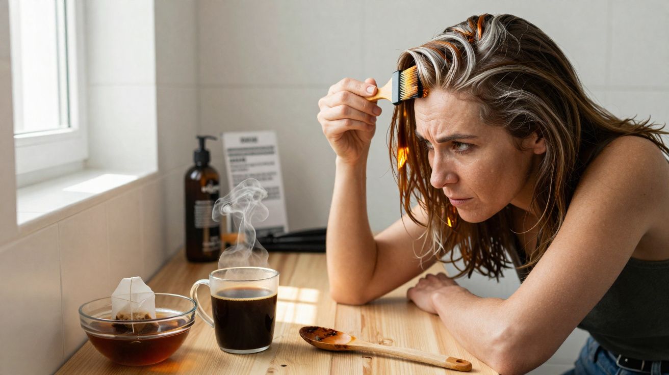 Mujer aplicándose tintura en el cabello mientras está sentada en una mesa con taza de café humeante y bolsita de té.