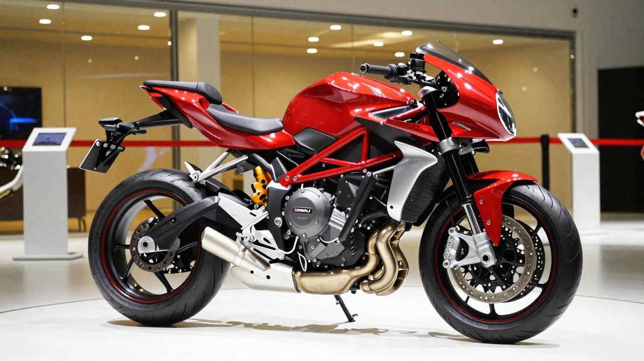 Motocicleta deportiva roja expuesta en un salón con fondo interior y iluminación artificial.