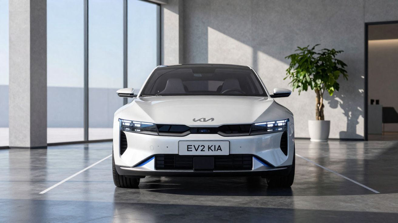 Coche eléctrico Kia EV2 blanco estacionado en interior moderno con suelo brillante y paredes grises.