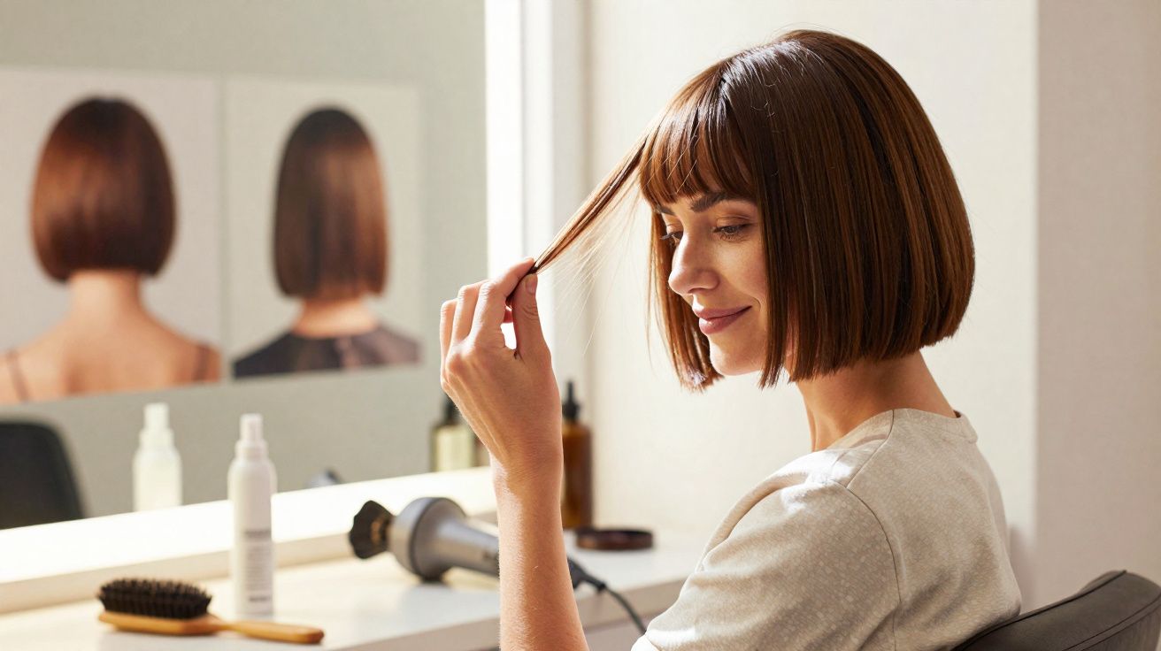 Mujer con melena corta y lisa tocando su cabello frente a un espejo en un tocador con productos y secador.