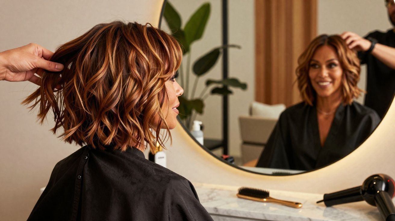 Mujer con cabello rizado y mechas rubias en peluquería, viendo su reflejo en el espejo sonriente.