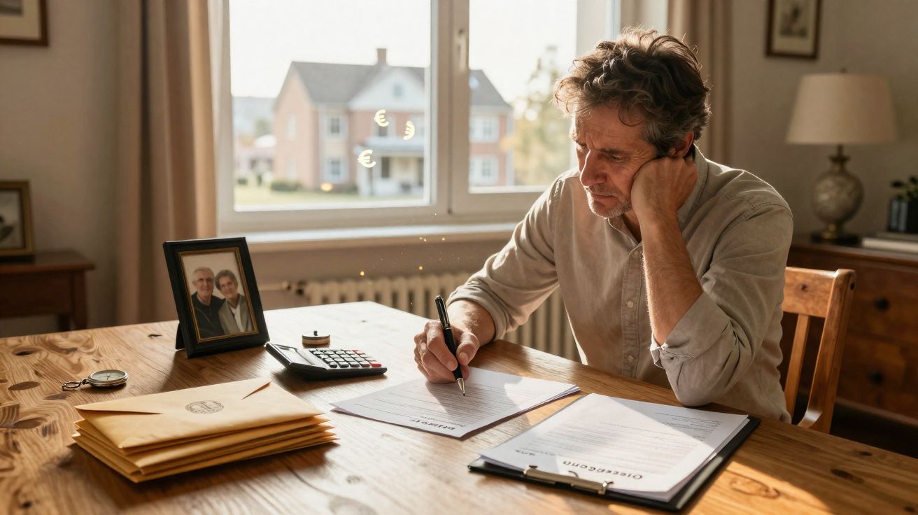 Hombre pensativo escribiendo en un contrato en una mesa con sobres, calculadora y foto familiar.