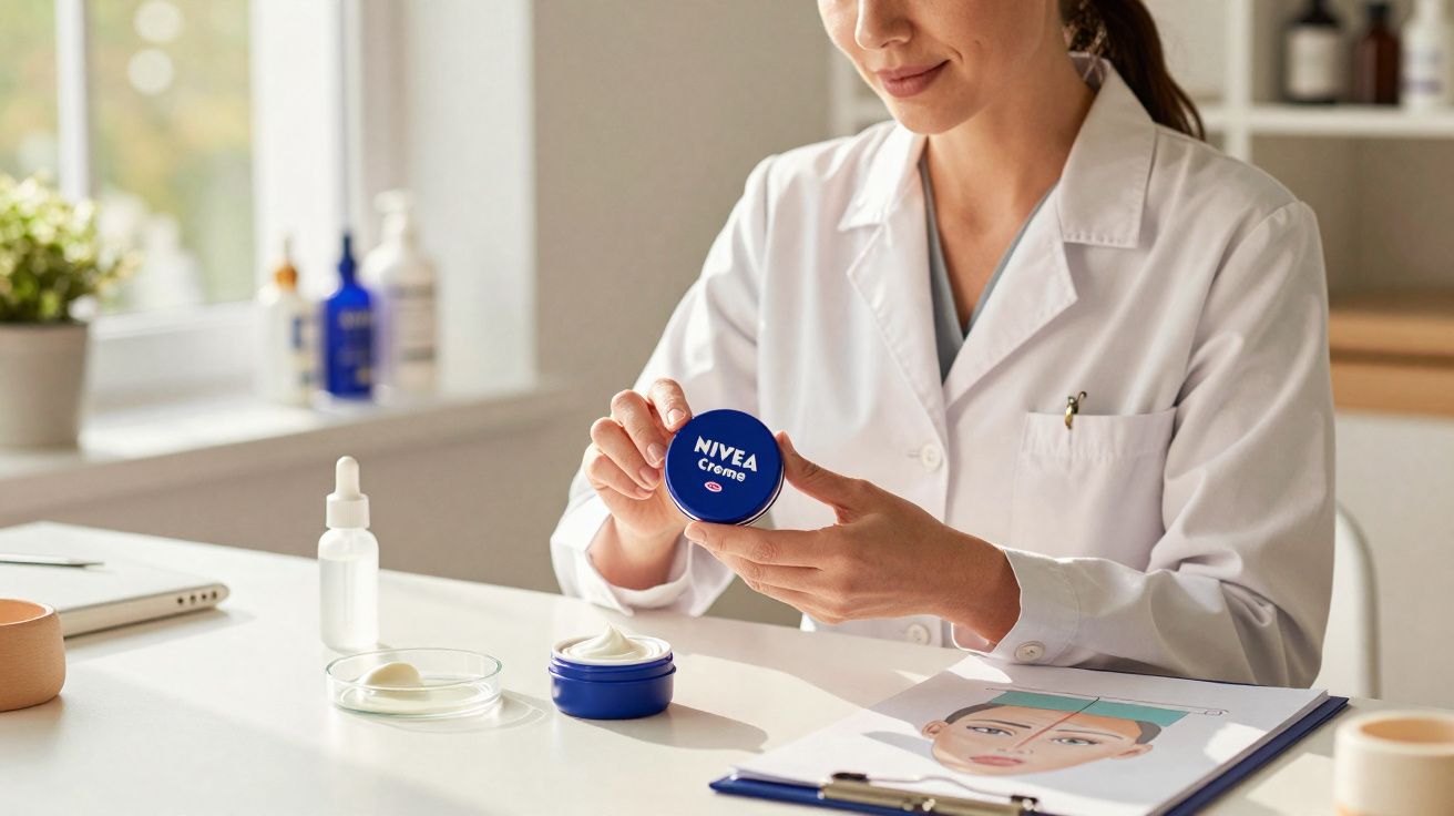 Mujer con bata blanca sosteniendo un bote de crema Nivea en un consultorio de dermatología.