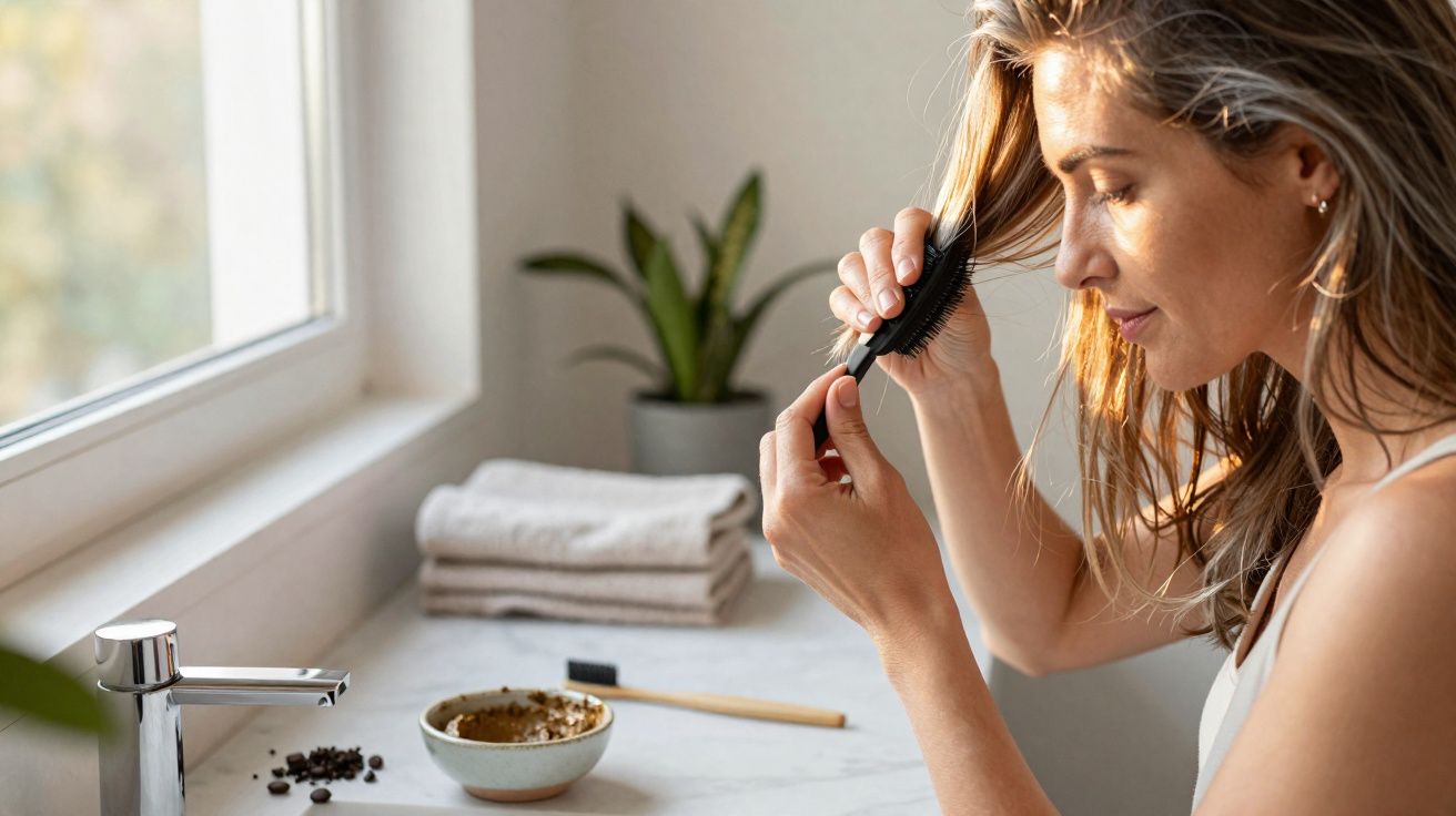 Mujer peinándose junto a un lavabo con toallas, planta y productos de cuidado del cabello.