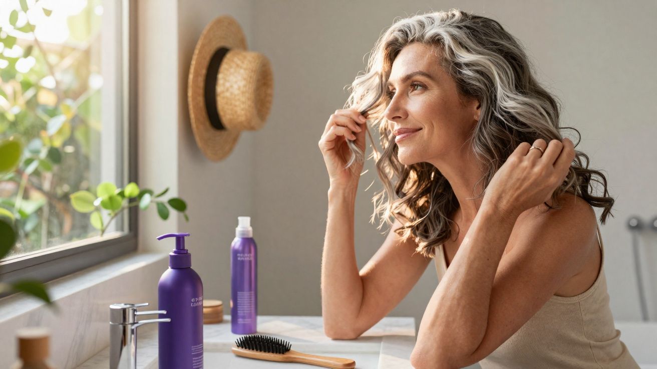 Mujer sonriente peinándose frente al espejo con productos de cuidado del cabello violetas sobre el lavabo.