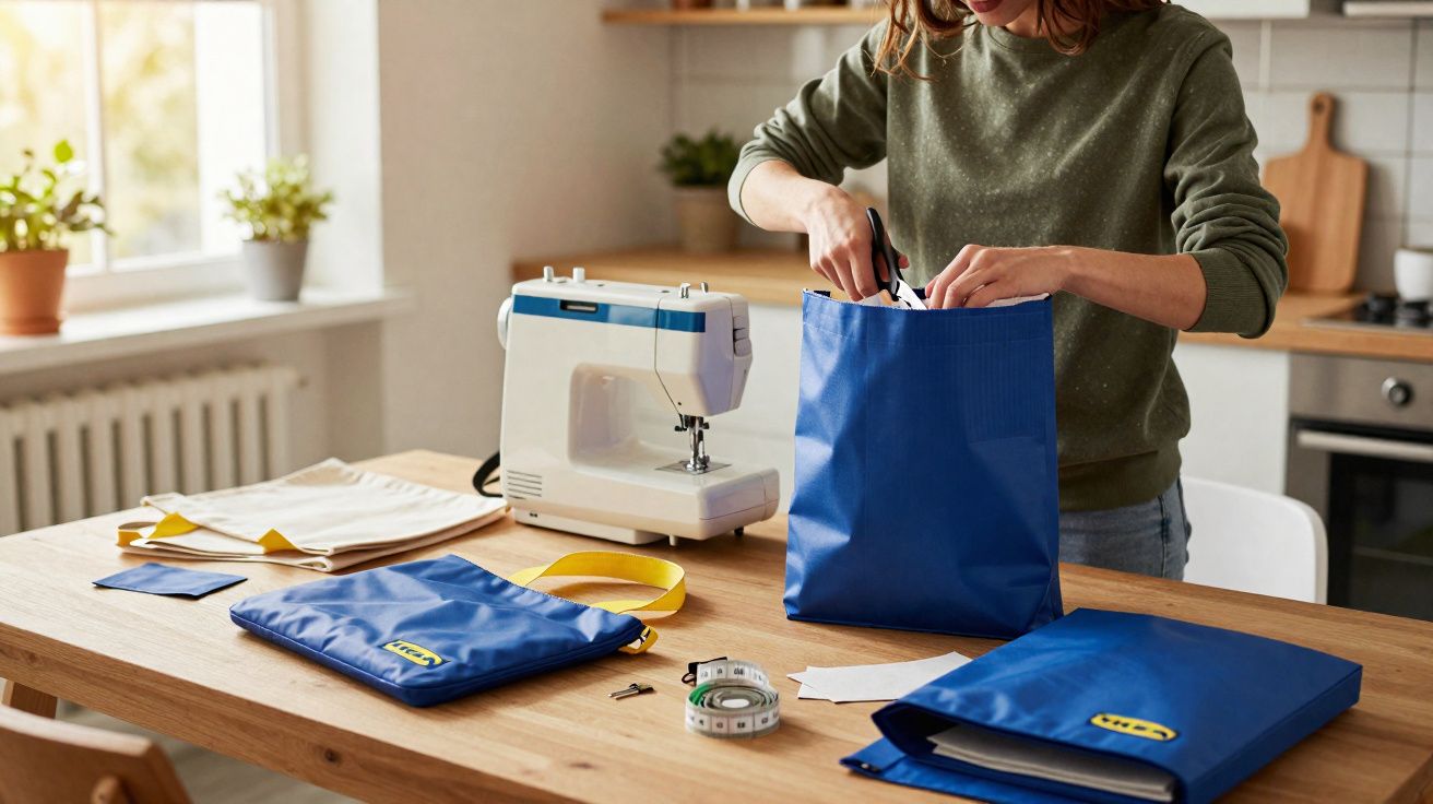Persona cortando tela azul junto a máquina de coser y accesorios de costura en mesa de madera.
