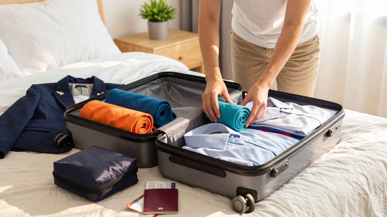 Persona haciendo la maleta en cama, con ropa doblada y documentos de viaje al lado.